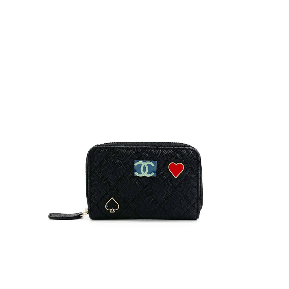 샤넬 하트&amp;스페이드 클래식 아코디언 지퍼 카드지갑 블랙 샴페인골드 캐비어